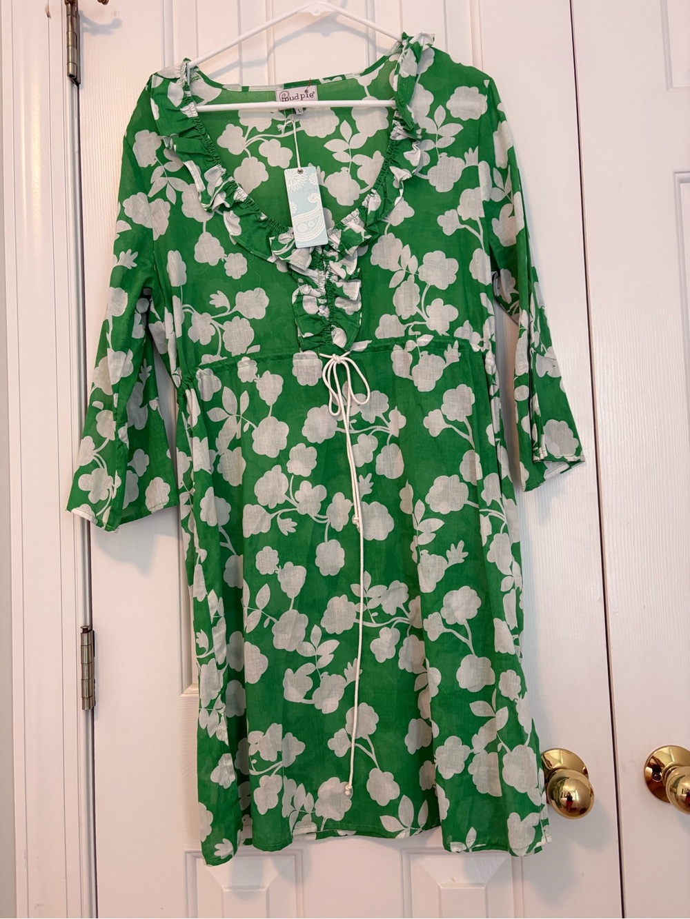 Mud Pie Green and White Floral Ruffle-Front Kids Dress